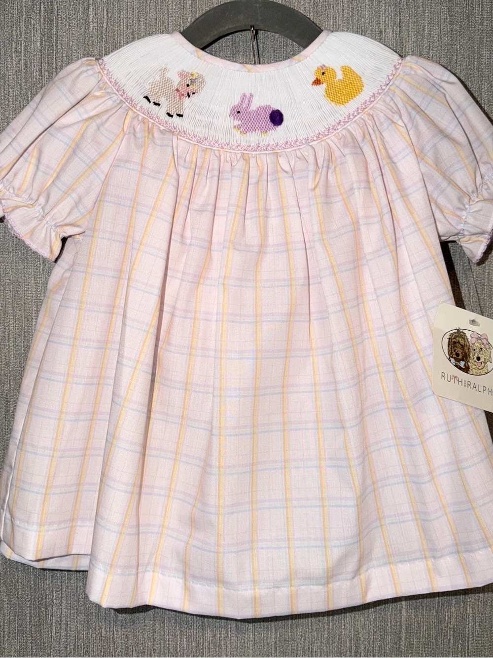 Ruth & Ralph - Smocked Pastel Plaid Bloomer Set with Lamb, Bunny and Duck
